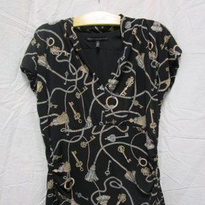 WHBM Rope Key Tassel Print Stretch Blouse Top Sz M